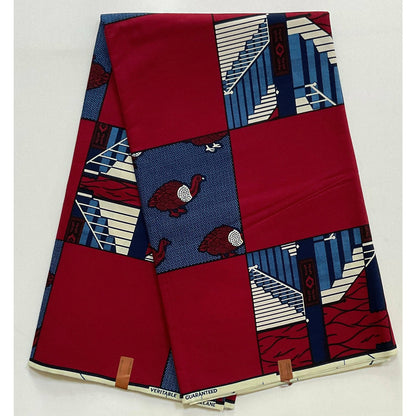 African Print Fabric/ Ankara - Red, Blue, Cream 'Gwengwe', YARD or WHOLESALE