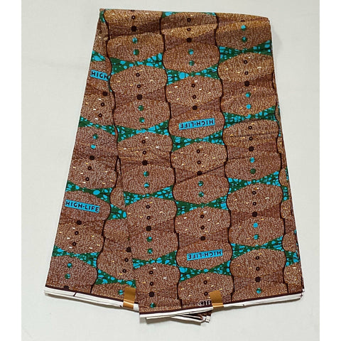 African Print Fabric/ Ankara - Brown, Blue, Green 'Living,' YARD or WHOLESALE