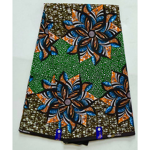 African Print Fabric/ Ankara - Green, Blue, Orange, Brown 'Jasiri Bandeau' Design, YARD or WHOLESALE