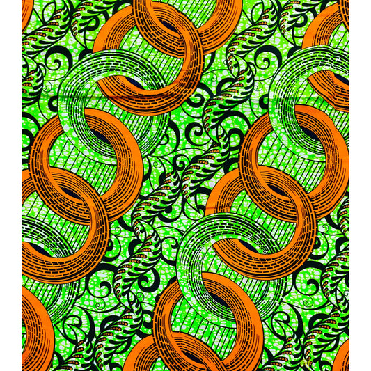 African Print Fabric/ Ankara - Orange, Green 'Nuhu,’ YARD or WHOLESALE