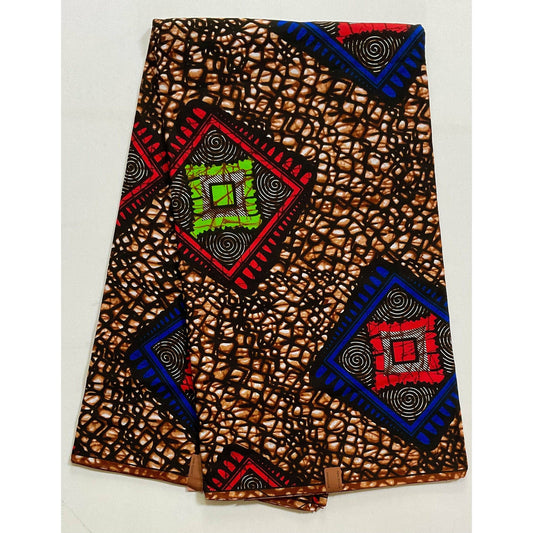 African Print Fabric/ Ankara - Brown, Red, Blue, Green 'Kwara Diamonds’ Design, YARD or WHOLESALE