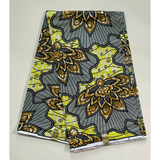 African Print Fabric/ Ankara - Gray, Brown, Yellow  'Mady Floret,’ YARD or WHOLESALE